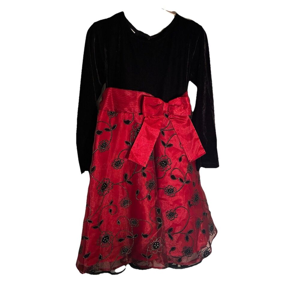 Blueberi Boulevard Girls Red Black Party Dress. Velvet Feel Top, Embroidered 6